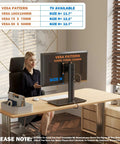 Free Standing Monitor Stand Riser For 13 To 32 Inch LCD Screen With Swivel Height Adjustable Rotation And VESA Compatibility, side view on desk with user.