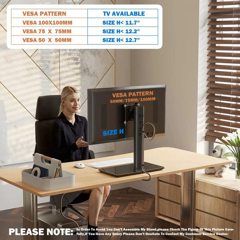 Free Standing Monitor Stand Riser For 13 To 32 Inch LCD Screen With Swivel Height Adjustable Rotation And VESA Compatibility, side view on desk with user.