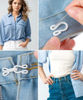 36 Pairs Hook And Eye Closures Kit For Clothing And Bras White Metal Fasteners In 2cm 2.8cm And 3.5cm Sizes 12 Pairs Each Diy Sewing Craft For Garments And Alterations shown in use on denim