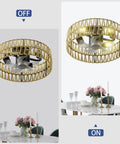 5 Pc Blades Ceiling Fan with Remote Control, Low Profile Flush Mount, shown in off and on positions with decorative dining table.