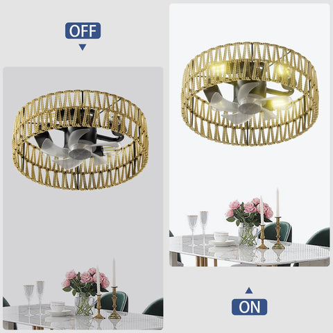 5 Pc Blades Ceiling Fan with Remote Control, Low Profile Flush Mount, shown in off and on positions with decorative dining table.
