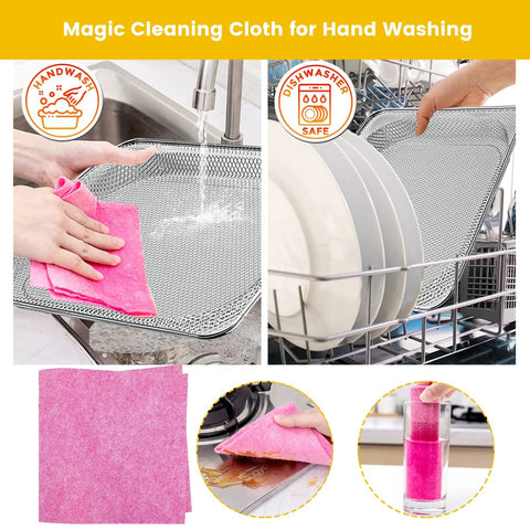 Magic cleaning cloth for hand washing and dishwasher use shown on stainless steel rack with dishes and pink cloth