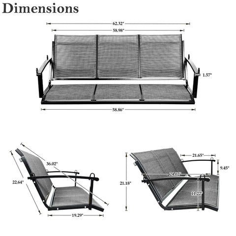 Textilene Three Seat Hanging Swing For Backyard Chill Sessions With 5.2 Ft Patio Bench Heavy Duty Outdoor Porch Swing dimensions