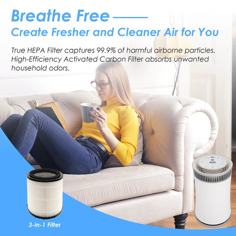 Woman relaxing with tea, Replacement Filter For SilverOnyx 5 Speed Air Purifier KJ150F C02 in corner, text describing benefits