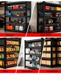 Ultra Heavy Duty 5 Tier Garage Shelving With Double Steel Legs And Two Side Pegboards in garage loaded with tools.