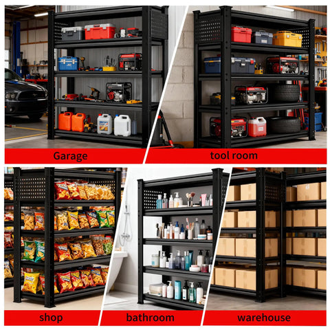 Ultra Heavy Duty 5 Tier Garage Shelving With Double Steel Legs And Two Side Pegboards in garage loaded with tools.