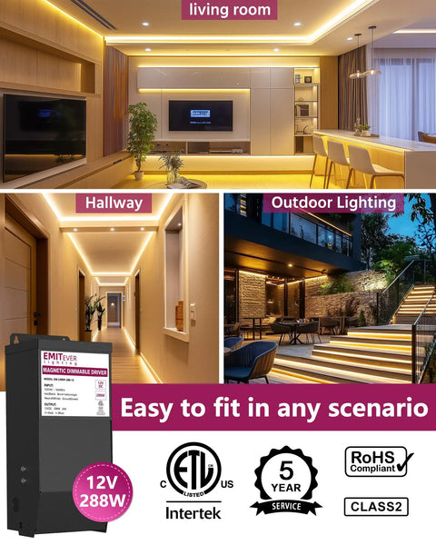 Heavy Duty 288W 12V Magnetic Dimmable LED Driver Power Supply Converts 120V AC To 12V DC With Smooth No Fuss Dimming Compatible With Lutron And Leviton Dimmer Switches Forward Phase MLV TRIAC Dimmers used for living room, hallway, and outdoor lighting