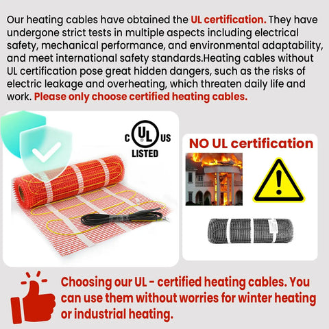 Comparison of UL certified and non-UL certified radiant floor heating mats, featuring the 60 Sqft Self Adhesive Electric Radiant Floor Heating Mat UL Listed Ultra Premium Heating System.