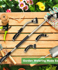 Front view of RESTMO 36-inch metal watering wand with 180° swivel head and 10 spray patterns on a wooden worktable.