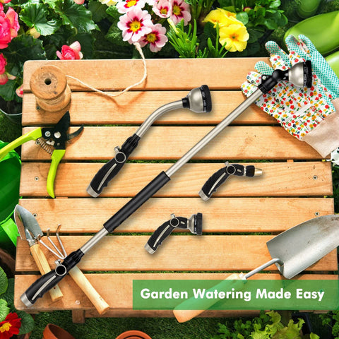 Front view of RESTMO 36-inch metal watering wand with 180° swivel head and 10 spray patterns on a wooden worktable.