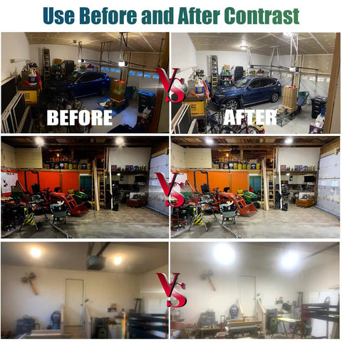 Before and after contrast with 2 Pack LED Garage Lights With Six Plus One Adjustable Panels 160W 16000LM 6500K Daylight Ceiling Shop Light For Basement Workshop Attic Perfect For Bright Garage And Workbench Areas