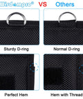 Comparison of Purple RFID Key Fob Protector And Faraday Bag with sturdy D-ring and perfect hem vs other pouches with normal D-ring and threaded hem.