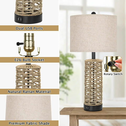 Rattan Table Lamps Set Of 2 With Dual USB Ports And Rotary Switch Boho Cream Fabric Shade Nightstand Lamps details