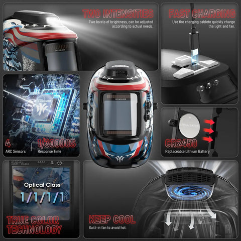Darkening Welding Helmet With Rechargeable Fan And LED Work Light, Large 3.93 By 3.66 Inch View Window, True Color Display