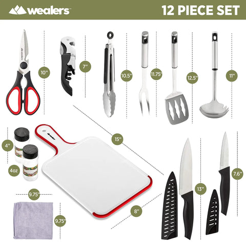 12 Piece Camp Kitchen Cooking Utensil Set With Travel Organizer Portable Grill Tools For Backpacking Camping And Hiking Water Resistant Case Compact Gear For BBQ Outdoor Cookware Kit Gray displayed with knife, scissors, and cutting board.