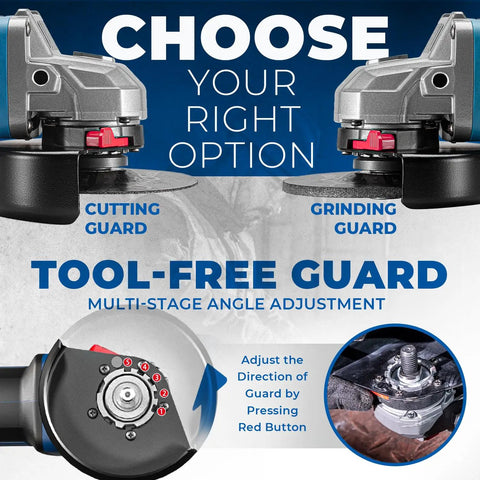 Cordless Angle Grinder 20V Four And A Half Inch 9000 RPM With Variable Speed and Slide Switch shown with cutting and grinding guard options.