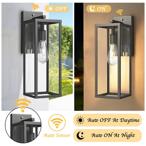 Dusk To Dawn Sensor Outdoor Wall Lantern 15 Inch Tall Anti Rust Black Exterior Light For Front Porch Doorway And Patio Auto On Off
