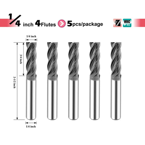 Micrograin Carbide Square End Mill Set, 1/4 Inch Shank, 4 Flute, 5 Pieces, ISE1/4 4T, Tough Alloy and Hardened Steel Milling Bits for DIYers and Pros, Killer for Cast Iron and Metalworking Projects