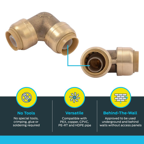 Push To Connect Half Inch Ninety Degree Brass Elbow Fitting For PEX Copper CPVC PERT HDPE Pipe Lead Free Fits Copper CPVC And PEX In Any Combination Quick Watertight Seal No Tools Needed Repair In Seconds