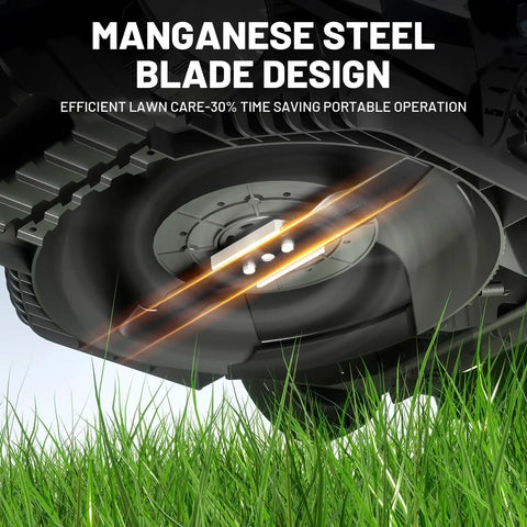 Close-up of manganese steel blade design for Cordless Electric Lawn Mower For Medium Lawns Up To 1300 Sq Ft With 13.2 Inch Cutting Width.