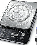 Waterproof Kitchen Scale With 0.1g Precision, 10kg Capacity, USB Rechargeable, backlit display, stainless steel surface with water splash.