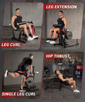 Leg Extension And Curl Machine With 700 Lbs Capacity Four In One Home Gym Leg Workout showing various exercise positions
