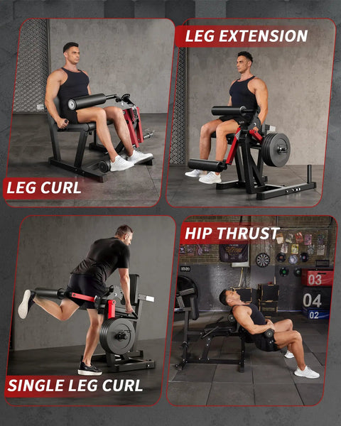 Leg Extension And Curl Machine With 700 Lbs Capacity Four In One Home Gym Leg Workout showing various exercise positions