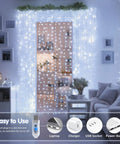200 LED White Curtain Lights With Remote For 6.5 Ft By 6.5 Ft Window Backdrop USB Powered hanging on a wall in a living room.