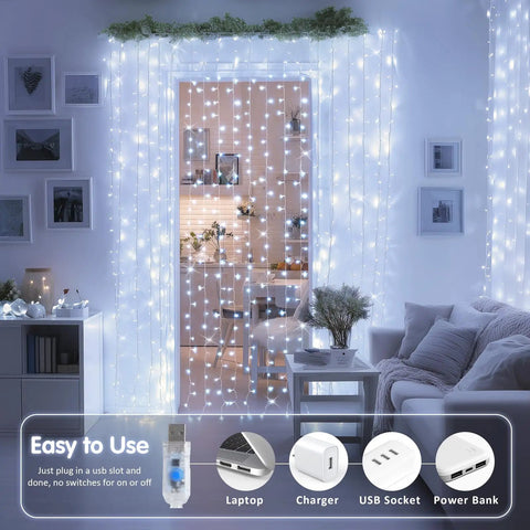 200 LED White Curtain Lights With Remote For 6.5 Ft By 6.5 Ft Window Backdrop USB Powered hanging on a wall in a living room.