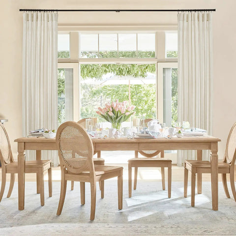 Neutral dining room with Semi Sheer Office Curtains For Windows Flax Linen Blend Cozy Breathable Drapes That Soften Sunlight For Bedroom Nursery Hallway 52 By 72 Inches Two Panels Included installed on large windows.