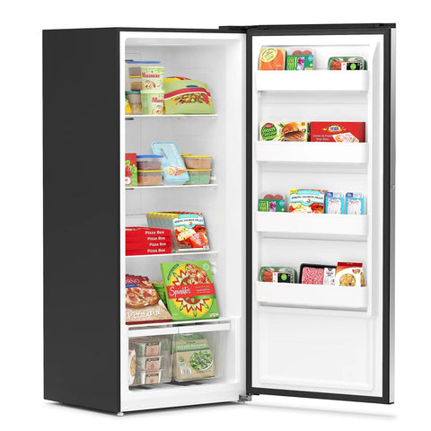 Interior view of Twenty One Cubic Feet Upright Convertible Refrigerator Freezer Combo With Adjustable Drawers filled with food items.