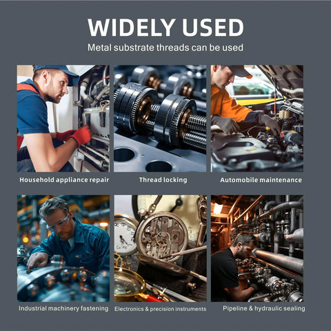 Collage showing uses of Medium Strength Thread Locker 243 For Bolts And Nuts in various industrial and repair settings.