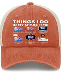 Spare Time RV Camper Golf Hat With Adjustable Back Buckle Color Options; rust color with RV-themed design in front view.