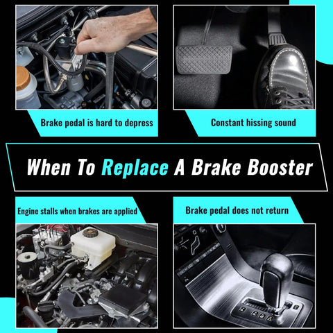 When to replace a brake booster, signs shown for Ford vehicles with heavy duty vacuum power brake booster.