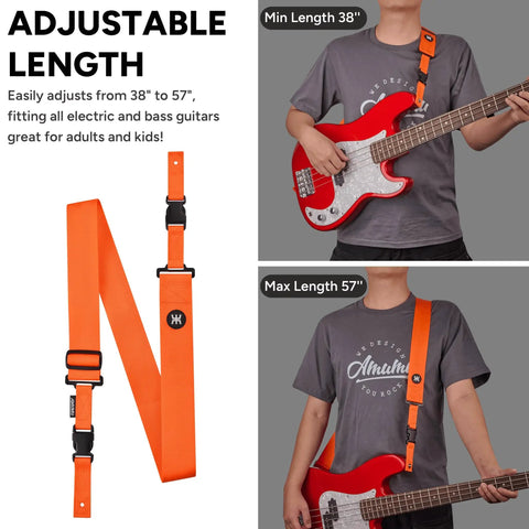 SnapLock Pro Guitar Strap with Quick Release Buckle and Screw Fasten Ends, Adjustable 38 to 57 Inches, Orange, shown on a person.