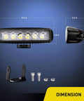 Two Pack 18W Spot LED Work Lights For Off Road Driving Fog Beams with dimensions and mounting accessories shown