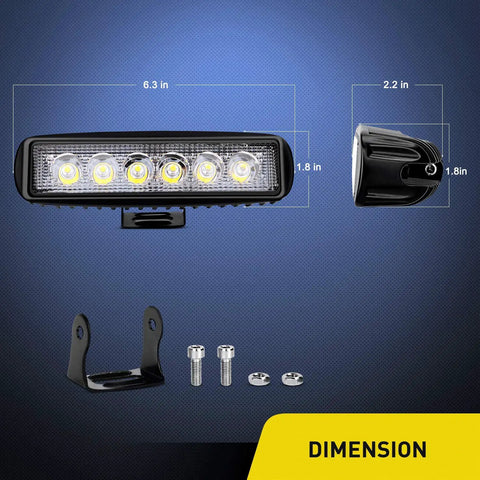 Two Pack 18W Spot LED Work Lights For Off Road Driving Fog Beams with dimensions and mounting accessories shown