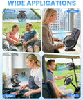 Magnetic Cruise Approved Travel Fan With 12000mAh Battery in office, kitchen, golf cart, and camping tent settings.
