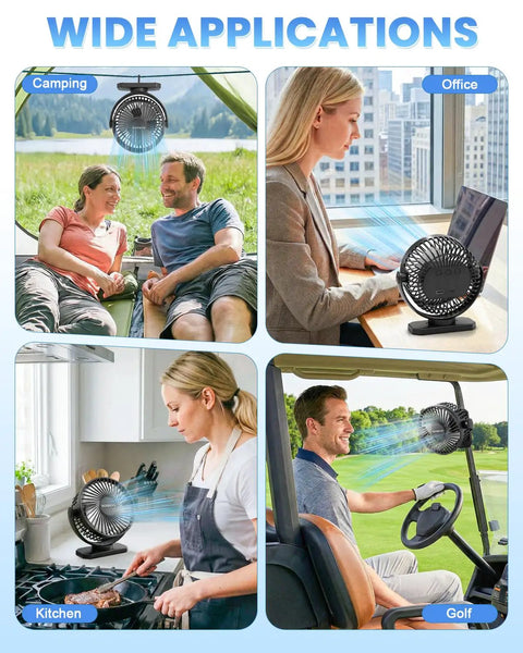 Magnetic Cruise Approved Travel Fan With 12000mAh Battery in office, kitchen, golf cart, and camping tent settings.