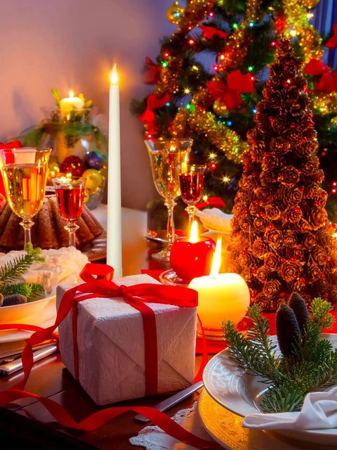 Festive table setting with 24 Pack Flameless Taper Candles Battery Operated LED Candles With Realistic Flicker, 11 Inch Ivory