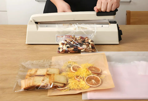 12 Inch Manual Heat Sealer With Eight Adjustable Heating Levels Handy Portable Poly Bag Sealer For Plastic PE PP Bags Easy To Use With Extra Replacement Kit Ivory Finish sealing snacks on a table.