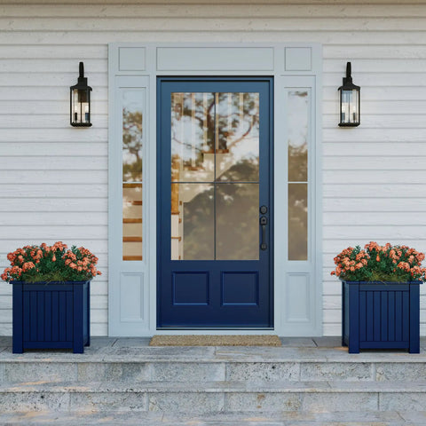 2 Light Outdoor Wall Lantern With Clear Beveled Glass, Traditional Farmhouse Style, Textured Black Finish flanking blue door
