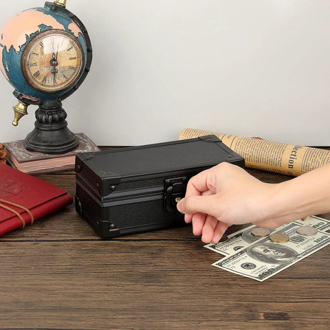 Lockable Cash Box With Key Aluminum Alloy Money Organizer on desk with globe and cash display