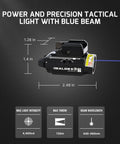 Dimensions and specs of Baldr S Blue Beam Tactical Flashlight With 800 Lumens White LED, Magnetic USB Rechargeable Rail Mount Light.