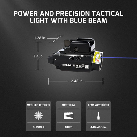 Dimensions and specs of Baldr S Blue Beam Tactical Flashlight With 800 Lumens White LED, Magnetic USB Rechargeable Rail Mount Light.