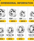 Rock Solid 120 Pcs SAE Nylon Insert Lock Nuts Assortment Kit various sizes shown with dimensions for secure industrial use.