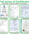 Full series of certificates for photovoltaic protection systems including ISO, CE, TUV, UKCA, ROHS, and connector approvals.