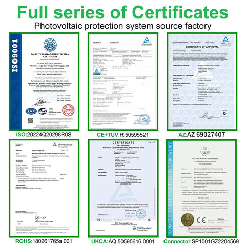 Full series of certificates for photovoltaic protection systems including ISO, CE, TUV, UKCA, ROHS, and connector approvals.