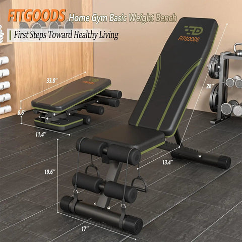 Adjustable Weight Bench For Home Gym Foldable 700 LBS Capacity With 9 Backrest Angles Incline Decline Flat Positions Fast Adjustment And 2 Resistance Bands For Full Body Strength Training in a home gym setting.