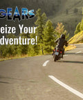 Motorcyclist on scenic road with "GEARS Seize Your Adventure" text, highlighting Easy Cruise Motorcycle Throttle Lock Set It And Forget It Cruise Control For Old Sport Bikes And Cruisers Slash Wrist Strain On Long Rides With Quick Slide On Handlebar Install And Universal Fit